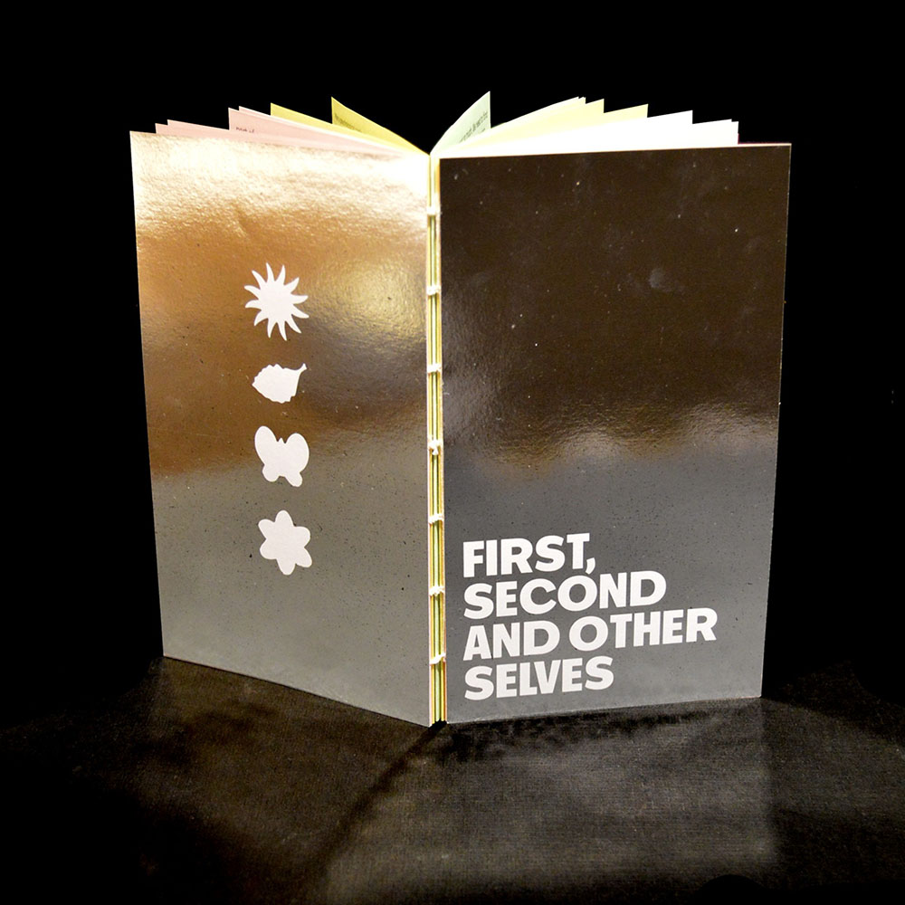 Coberta i contracoberta d'una publicació. El material és platejat i reflecteix. El títol i quatre formes són de color blanc mat.